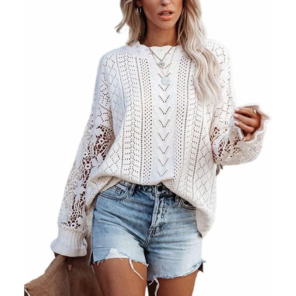 Women's White Lace Crochet Long‎ Sleeve Crewneck Hollow Out Sweater  L